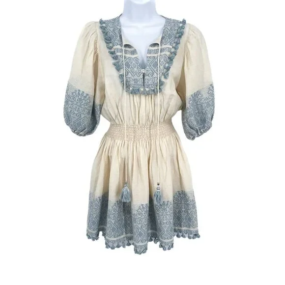 Zimmermann Helm Split Neck Jacquard Fringe Tassel Linen Lace Mini Dress - Picture 5 of 12